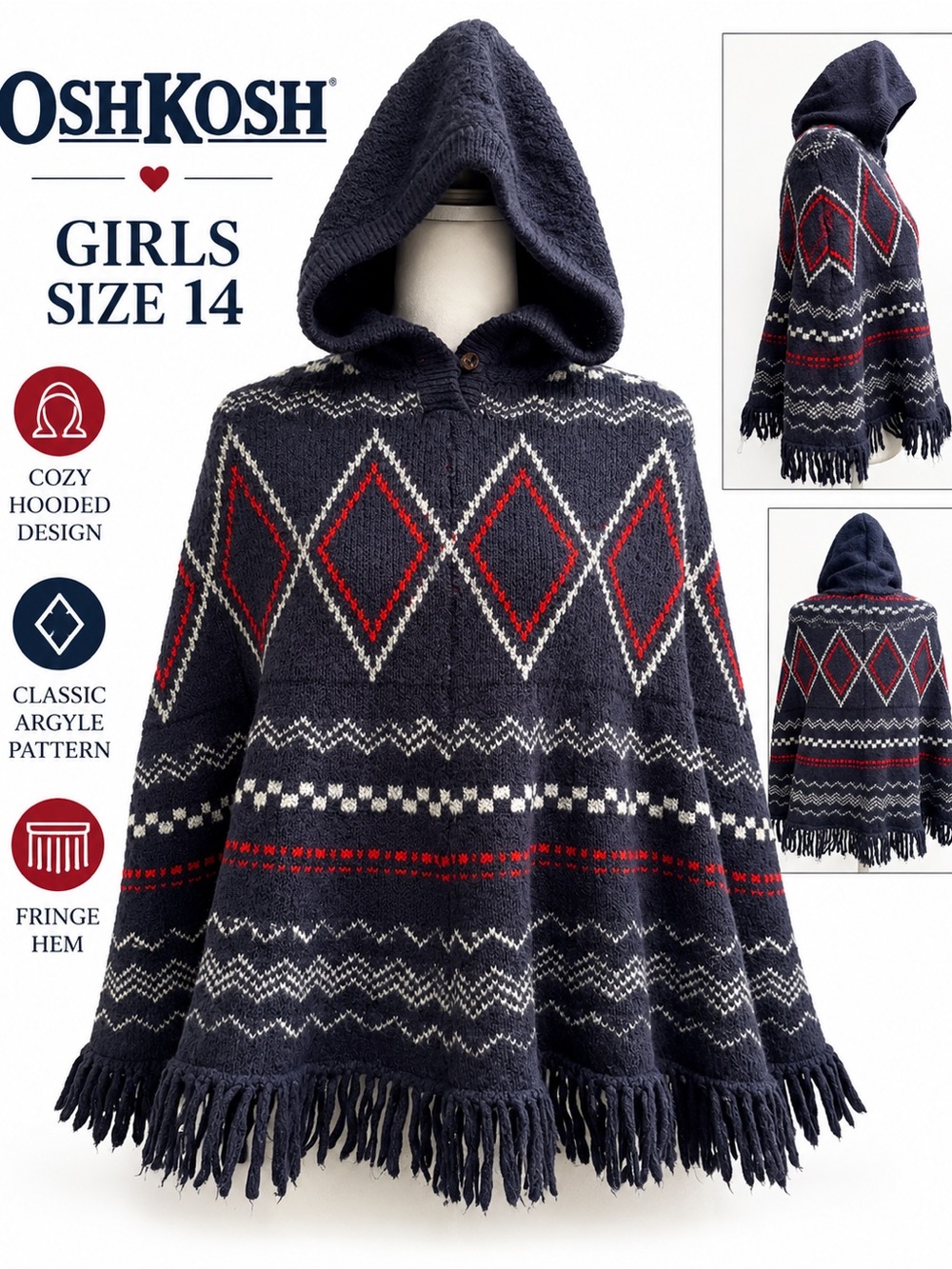 OshKosh B'gosh Navy Hooded Argyle Fringe Poncho with Red & White Accents size 14